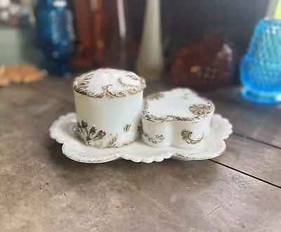 Antique Eapg Dithridge Early Milk Glass Gold Gilt Embossed Vanity Set • $65.79