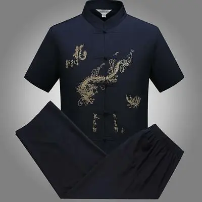 Men Traditional Chinese Tang Suit Coat T-shirt Pants Martial Arts Uniform Dragon • $34.92