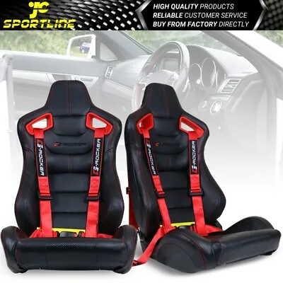 $390.99 • Buy Universal Recline Racing Seat Red Bezel Dual Slider PU &Carbon & Buckle Belt X2