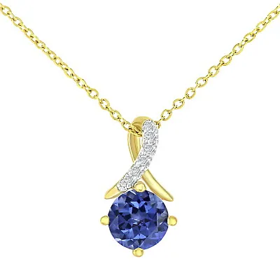 Naava 9ct Yellow Gold Created Tanzanite And 0.3ct Diamond Twist Pendant Necklace • £97.71