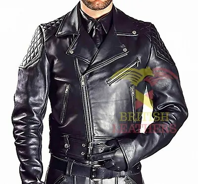 Mens Real Cowhide Bikers Jacket Quilted Panels Bikers Jacket BLUF Quilted Jacket • $129.99