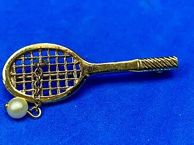 Vintage Avon Jewelry Goldtone Tennis Racquet Brooch Faux Pearl Ball 1 3/4  Long • $8.49