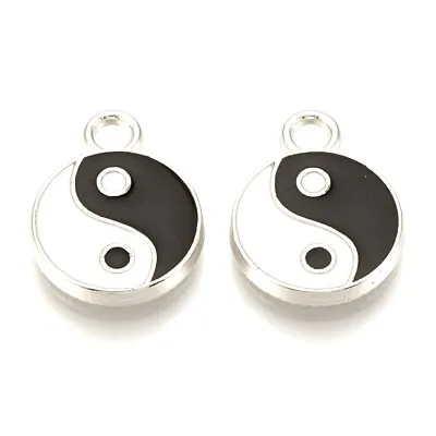 5 Yin & Yang Symbol Charms - Sliver Plated And Enamel - 16mm X 12mm - P00391 • £3.49