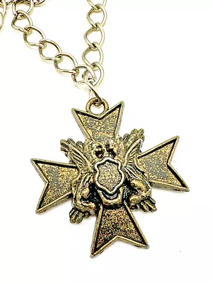 Vintage MALTESE CROSS Necklace Brass Bronze & Silver Tone Chain Ornate 32  • $14.95