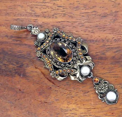 Vintage Gold Gilt VICTORIAN CITRINE PEARL LAVALIERE 1880's 1910's PENDANT Charm • $99.95