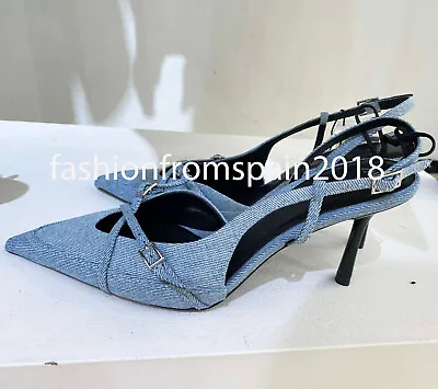 Zara New Woman Slingback Denim High-heel Shoes Blue 35-42 3213/310 • $54.88