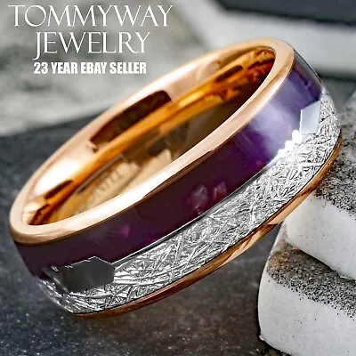 Rose Gold Plated Tungsten Men's Ring Purple Lapis & Faux Meteorite Wedding Band • $18.50