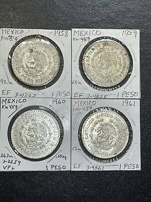 (4 Coins) 1958-1961 MEXICO SILVER 1 PESO COINS FINE+ • $4