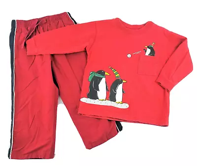 Boys MULBERRIBUSH Penguin T Shirt GYMBOREE Lined Red Pants 2T Christmas Outfit • $8.95