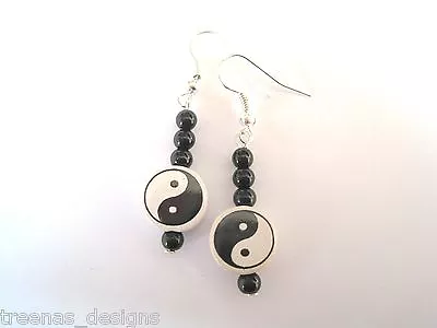 YIN YANG MONOCHROME BLACK & WHITE DISC SP Drop Earrings Oriental • £3.49