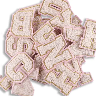 £1.59 • Buy Beige Pink Chenille Patch Letter Patches Iron On Sew On Alphabet Embroidery Gold