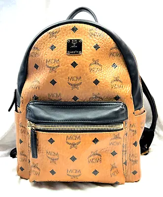 MCM Visetos Cognac Canvas 13 In Backpack Black Leather Trim And Handle • $675