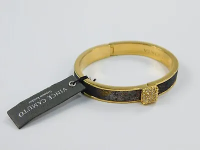 Vince Camuto Leather & Gold Tone Rhinestone Hinged Bangle Bracelet 3/8  Wide NWT • $24.99