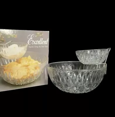 3 Pc Vintage Glass Chip And Dip Bowl Set Bracket Box Party Excellent Brand 1990 • $28.99