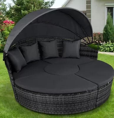 5 Piece Outdoor Garden Cushion Rattan Round Sofa Daybed Table Hammock Canopy Set • £359.99