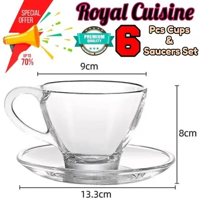 Royal Cuisine Set Of 6 Cup Saucers Set Clear Glass Coffee Cappuccino Tea Cups UK • £16.99