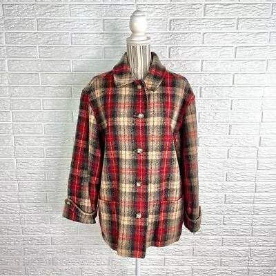 Vintage Izzi Activewear Wool Plaid Coat Box Pockets Size Large Red Black Cream • $32.30