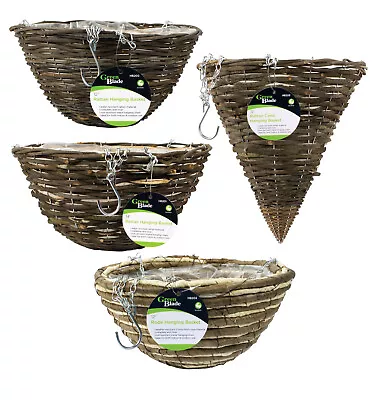 Hanging Basket Rattan Natural Wicker & Rope 12  14  Round & Cone Lined Planters • £6.49