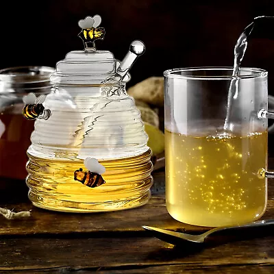 Honey Jar Clear Glass Honey Dispenser With Dipper Stick And Lid Large SmcGN • $31.19