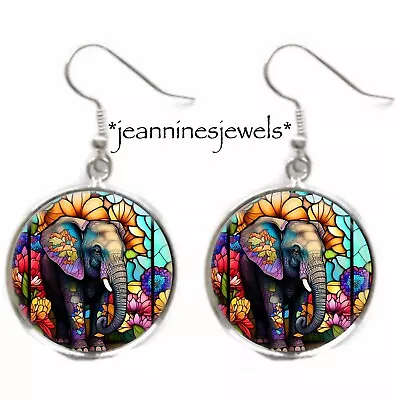 Elephant Earrings FAUX Stained Glass Art PRINT Silver Charm Dangle Earrings • $21.99