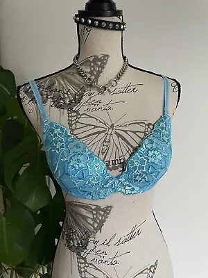 Vintage Y2k Blue Floral Embroidered Padded Bra Fairycore • $17