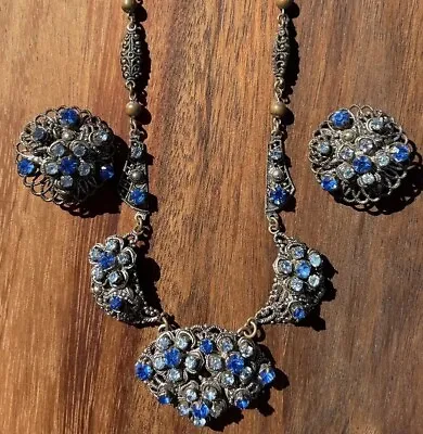 Vintage West Germany Filigree Necklace & Clip On Earrings Set Blue Rhinestones • $139.99