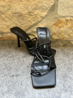 $32 • Buy Zara Strappy Leather Black Heels - NWOT - Size 8