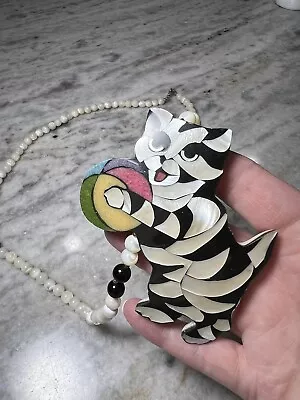 Hand Made Mother Of Pearl Beaded Necklace Large Inlay Cat Signed • $38