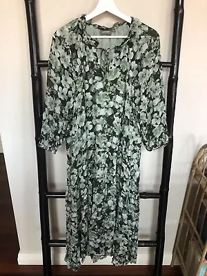 SUSSAN Size 8 Dress Maxi Long Sleeves Ruffles Green Tie Neck Floral • $7.50