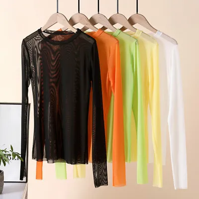 Women Sheer Mesh Basic T Shirt Blouse See Through Crew Neck Long Sleeve Tops • $8.99