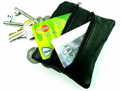Unisex Soft Black Leather 4 Zip Coin Pouch Purse Wallet Credit Card Holder • £3.99