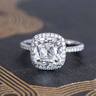 £95 • Buy 3 Carat Cushion Cut Diamond Halo Engagement Ring White Gold Finish Bridal Women