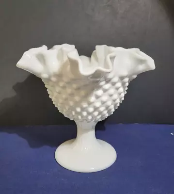 Vintage Fenton Milk Glass Hobnail Ruffled Edge Compote Footed Open Candy Dish • $9.75