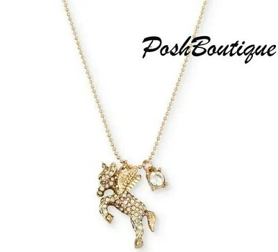 $19.34 • Buy AUTHENTIC  NWT Betsey Johnson Gold-Tone Crystal Unicorn Pegasus Pendant Necklace