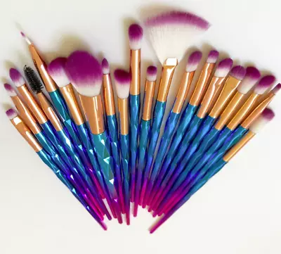 $40 • Buy  20 Pc Hot Pink & Blue Diamond Cut Metallic Finish Unicorn Makeup Brush Set