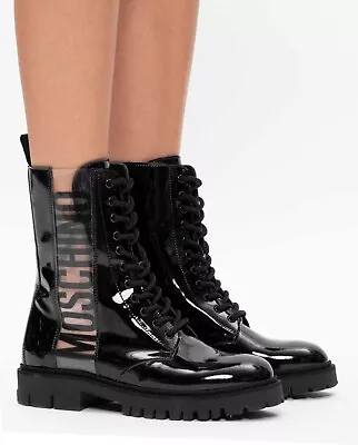 Moschino Boots Ankle Black White Logo Booties Hiking Shoes 36 • $169