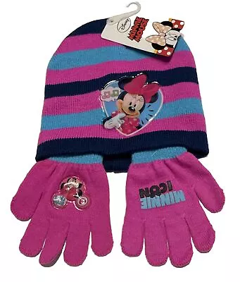 NEW Minnie Mouse 2pcs Set Beanie Hat + Gloves Age 2-3 Years 51 Cm • £5.99