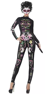 # Day Of The Dead Sugar Skull Cat Ladies Costume Halloween Jumpsuit Size 12-14 • $28.99