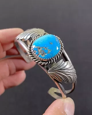 Vintage Native American Signed GT Sterling Silver Large Turquoise Cuff Bracelet • $125