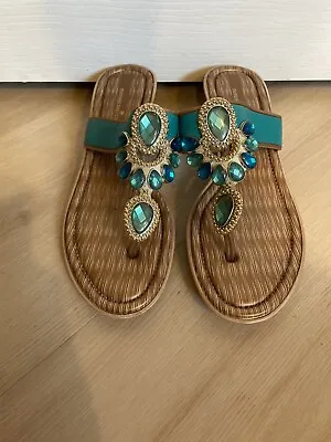 Cute Montego Bay Club Turquoise Jeweled Wedge Thong Sandle Sz 8 Spring Summer • $18
