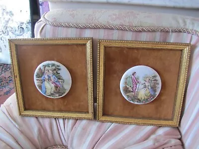 Vintage Gold Wood Porcelain Velvet Pictures Set Of 2 • $18
