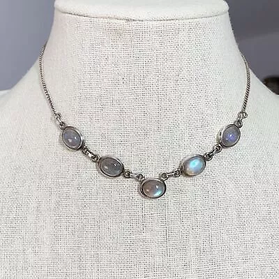 Vintage Moonstone Cabochon Sterling Silver Choker Collar Necklace Boho Moody • $54.99