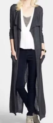 Leith Charcoal Gray Maxi Long Sleeve Open Cardigan Duster Pockets Back Slit S Xs • $7.99