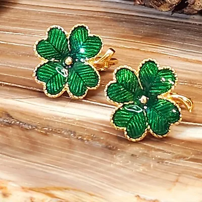 Avon Vintage Earrings Stud Green  Shamrock Clover Irish Lucky Charm Gold Tone  • $18.88