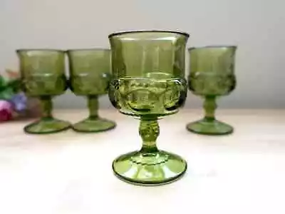 Vintage Green Indiana Glass Kings Crown Thumbprint Goblets Wine Sherry Glasses 4 • $20.75