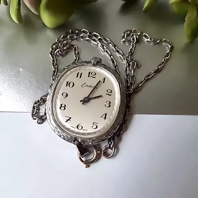 Vintage Endura Wind Up Necklace Pendant Watch Silver Tone Turquoise Swiss Works • $2.25