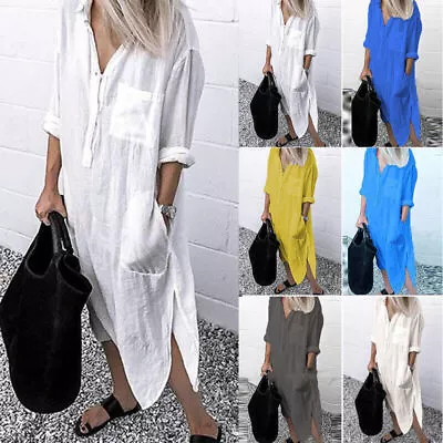 Plus Size Womens Cotton Linen Maxi Shirt Dress Kaftan Casual Baggy Long Tops 16 • £12.09