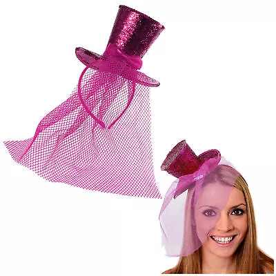 Mini Glitter Top Hat Headband Veil Ladies Burlesque Hen Party Party Fancy Dress • £6.99