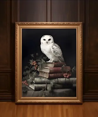 White Owl On Books Dark Academia Wall Art Vintage Winter Painting Cottagecore • $9.95