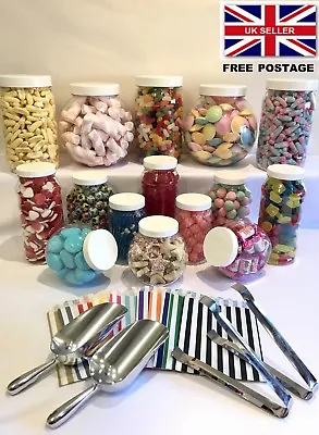 15 Plastic Sweet Jars 2 Scoops 2 Tongs 100 Bags White Lids Candy Buffet Wedding • £23.50